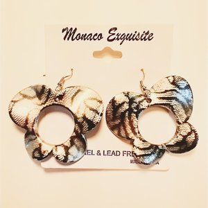 Monaco Exquisite Acrylic Silver and Black Butterfly Snake Print Dangle Earrings